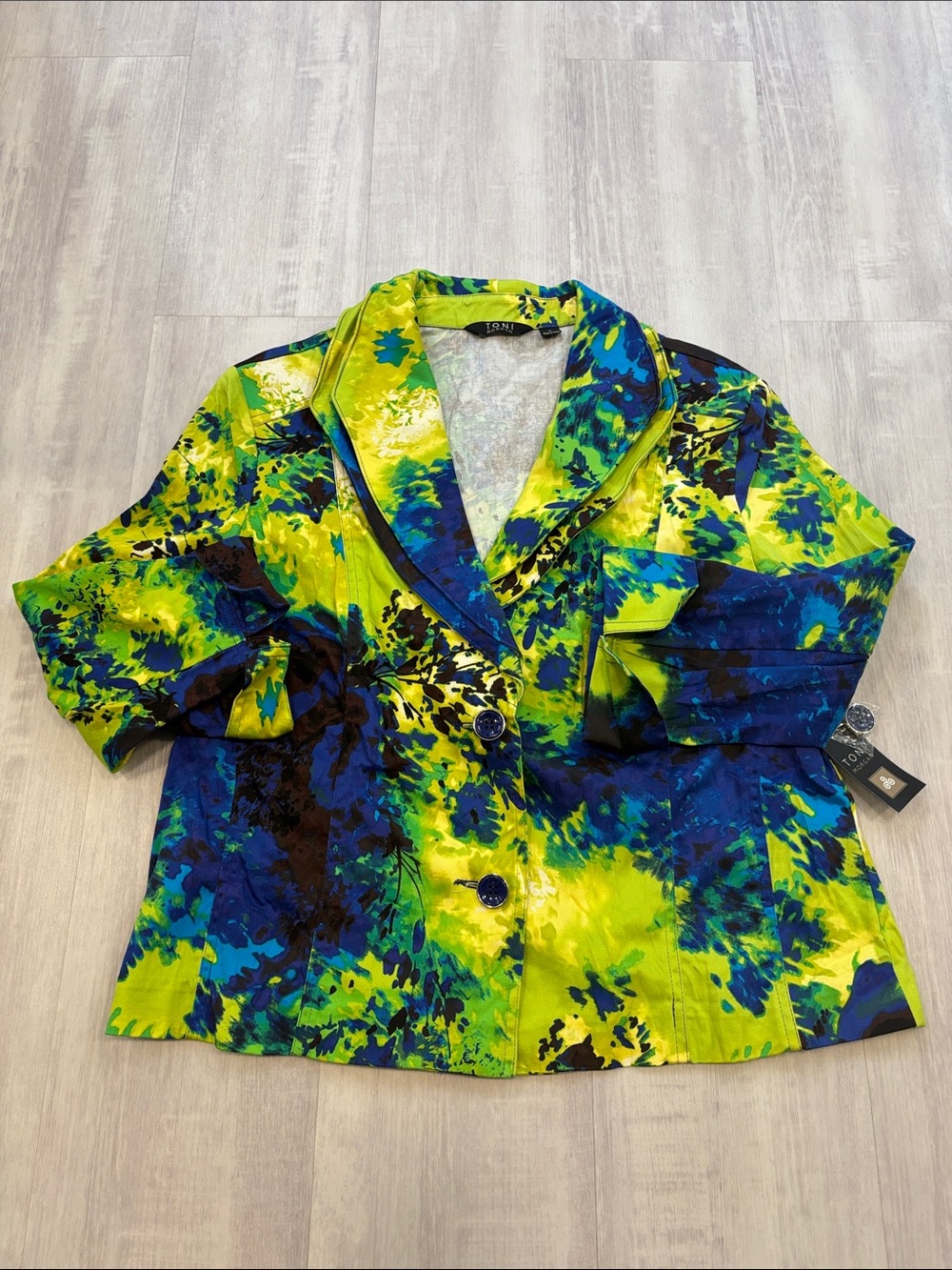Toni Morgan Abstract Floral Notch Collar Blazer in Lime & Blue size Large